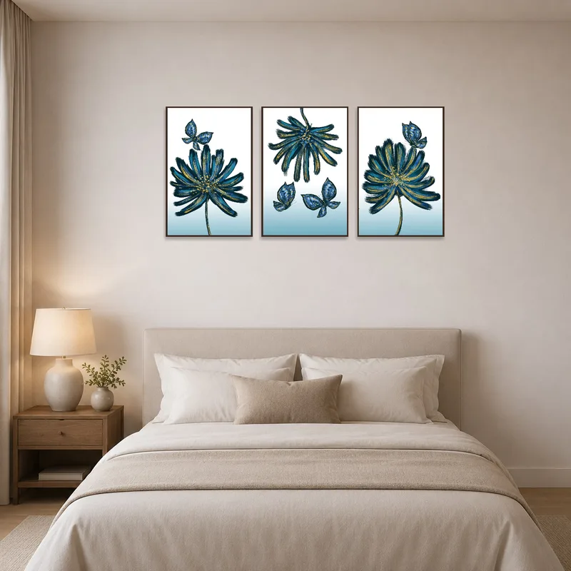 Blue floral and butterfly triptych brings calm to a bedroom setting.