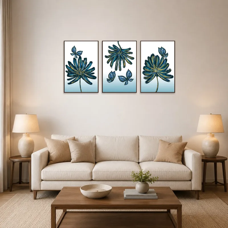 Triptych of blue flowers and butterflies enhancing a cozy living-room ambiance.