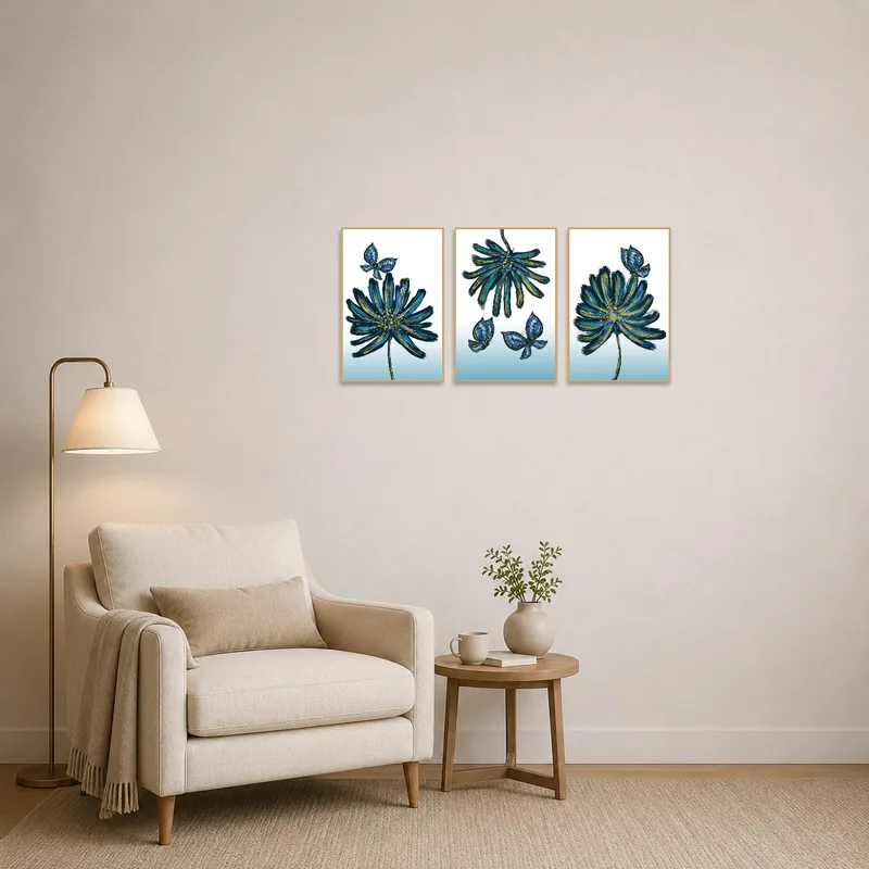 Triptych of blue flowers adds charm to a serene reading corner.