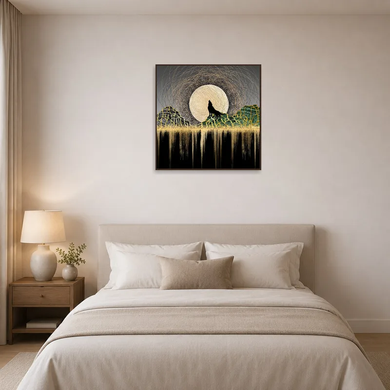 In the bedroom, a wolf howls at a shimmering moon on the wall above the bed.