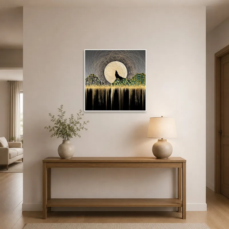 The entrance hall features an artwork of a wolf beneath a glowing moon.