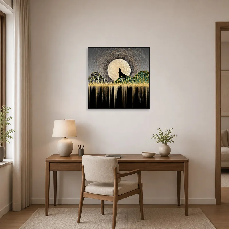 The home office is accentuated by artwork of a wolf with a luminous moon.