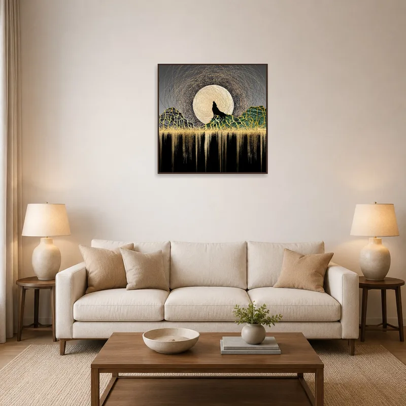 Wall art of a wolf howling at the moon hangs above a sofa in the living room.