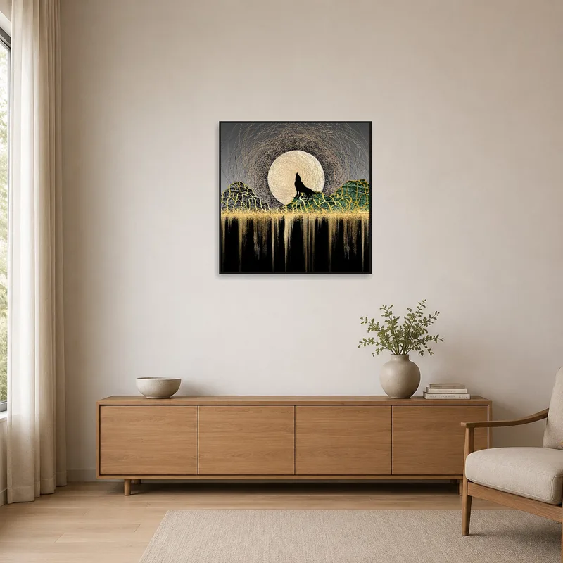 A minimalist room showcases art of a wolf against a gold moon on a stark wall.
