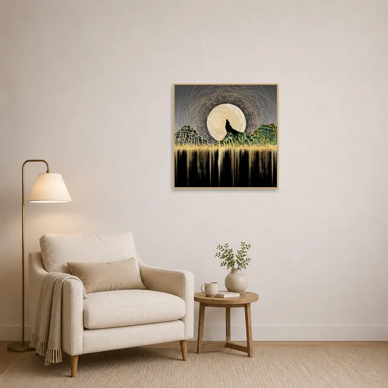 A cozy reading corner with wolf and moon art creating an intriguing atmosphere.