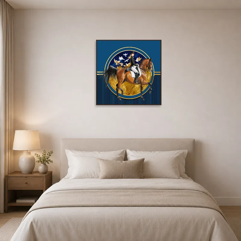 Bedroom wall featuring a gold and blue equestrian art piece near the bed.