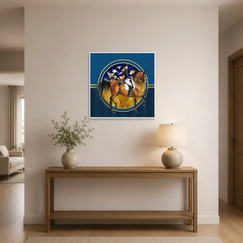 Gold and blue equestrian art highlights the entrance hall's stylish setting.