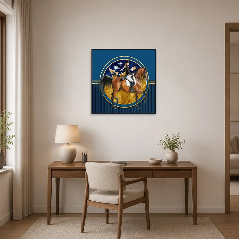 Home office with an inspiring gold and blue equestrian art on the wall.