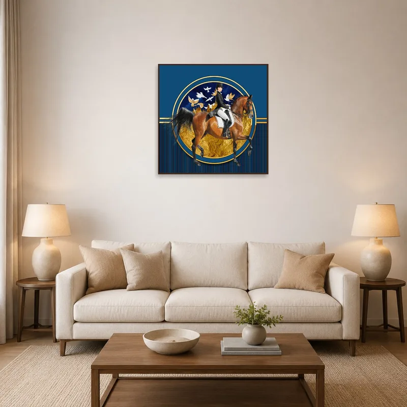 Gold and blue equestrian art design hanging above a modern living room sofa.
