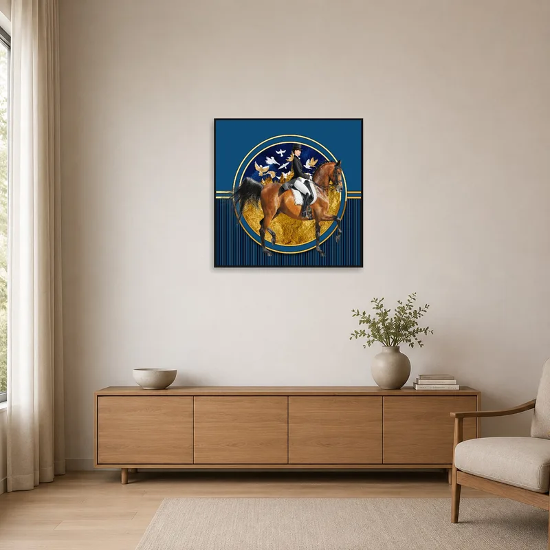 Minimalist space showcasing a gold and blue equestrian art piece on a white wall.