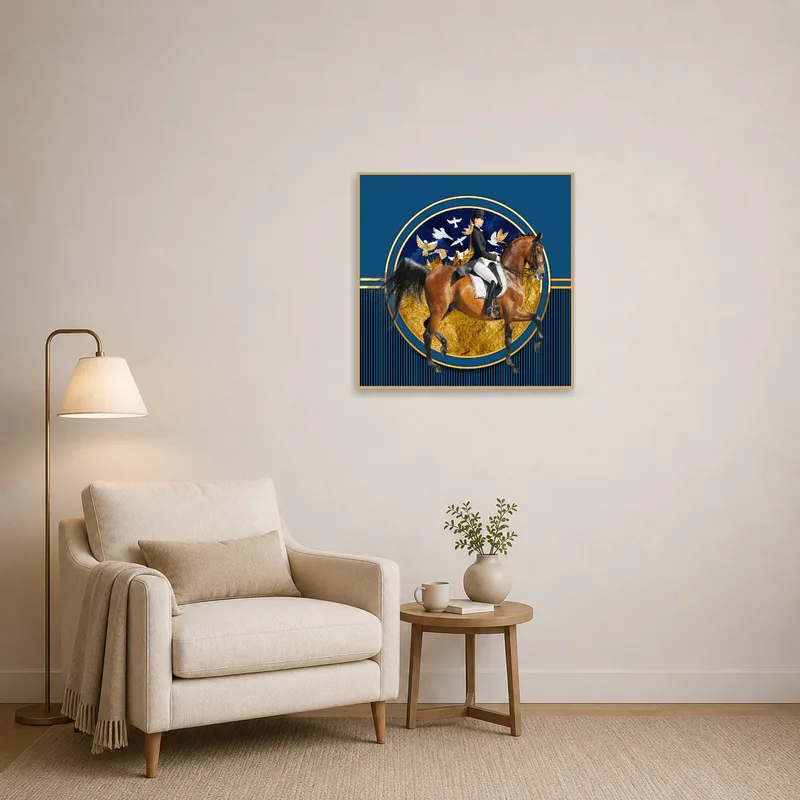 Elegantly displayed equestrian art in a cozy reading corner.