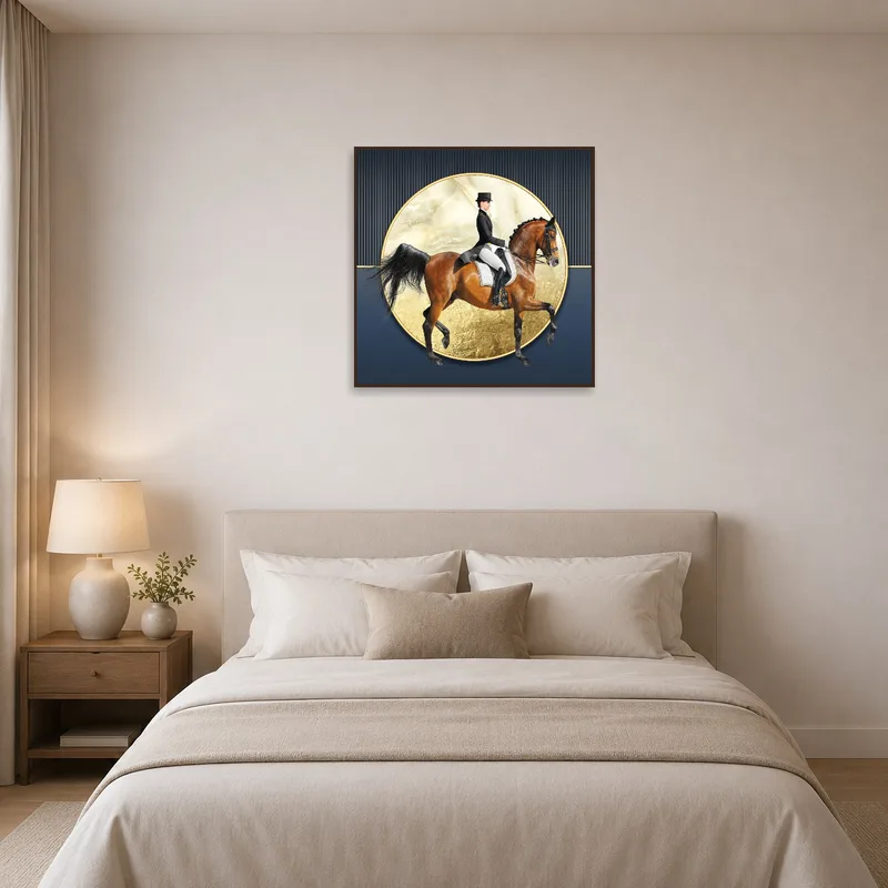 Elegant equestrian art serves as a soothing element in the bedroom.