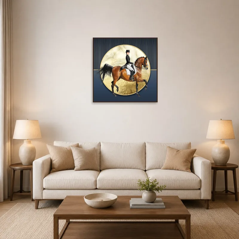 A modern equestrian art piece adds elegance above a cozy living room sofa.