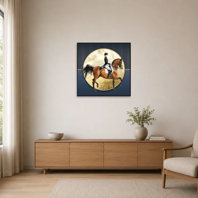 Sleek equestrian artwork enhances the minimalist room's clean lines.