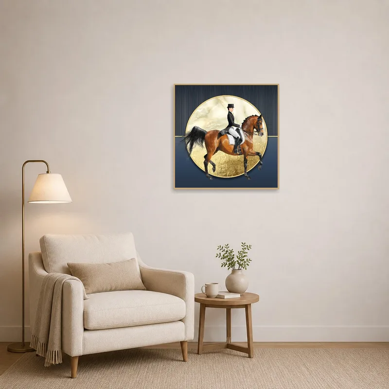A chic horse art piece brings sophistication to the reading corner.