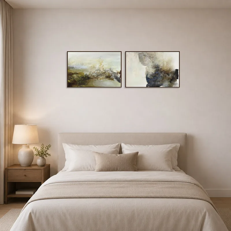 Abstract duo art creating a soothing atmosphere in a serene bedroom.