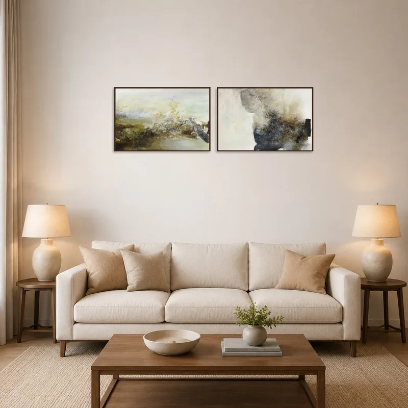 Ethereal abstract duo art adding warmth and style to a modern living room.