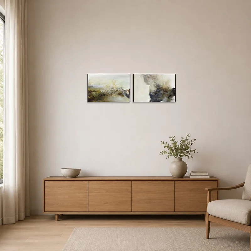 Abstract duo art enhancing the clean lines of a minimalist space.