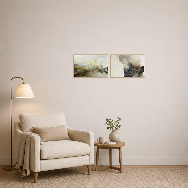 Ethereal duo art inspiring tranquility in a cozy reading corner.