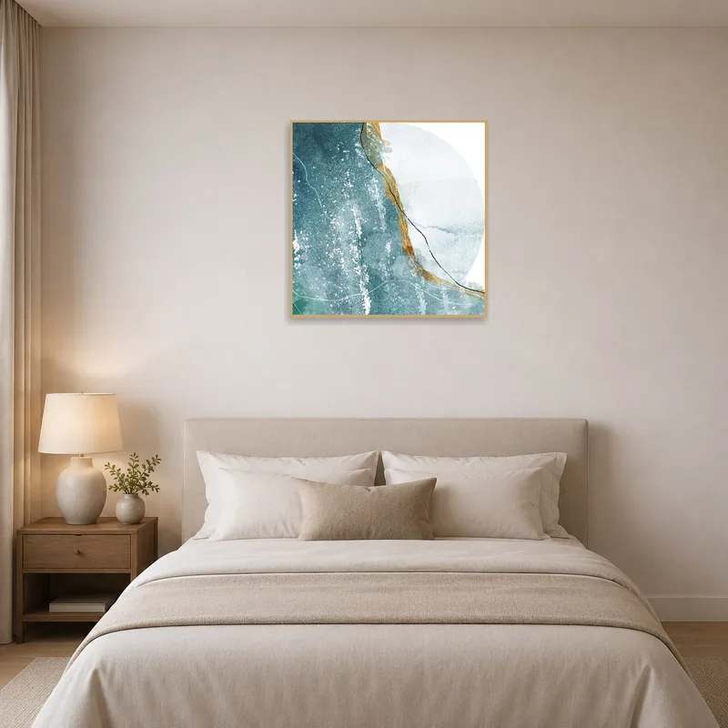 Calm and soothing abstract waves in blue and gold complement a bedroom retreat.