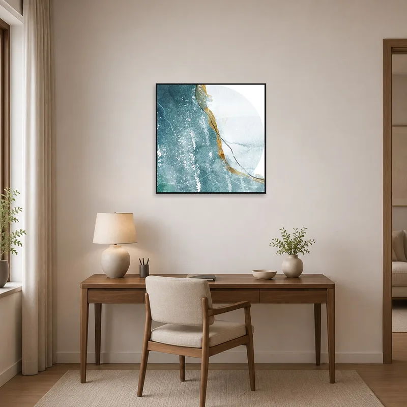 Abstract elegance in blue and gold energizes a creative home office space.
