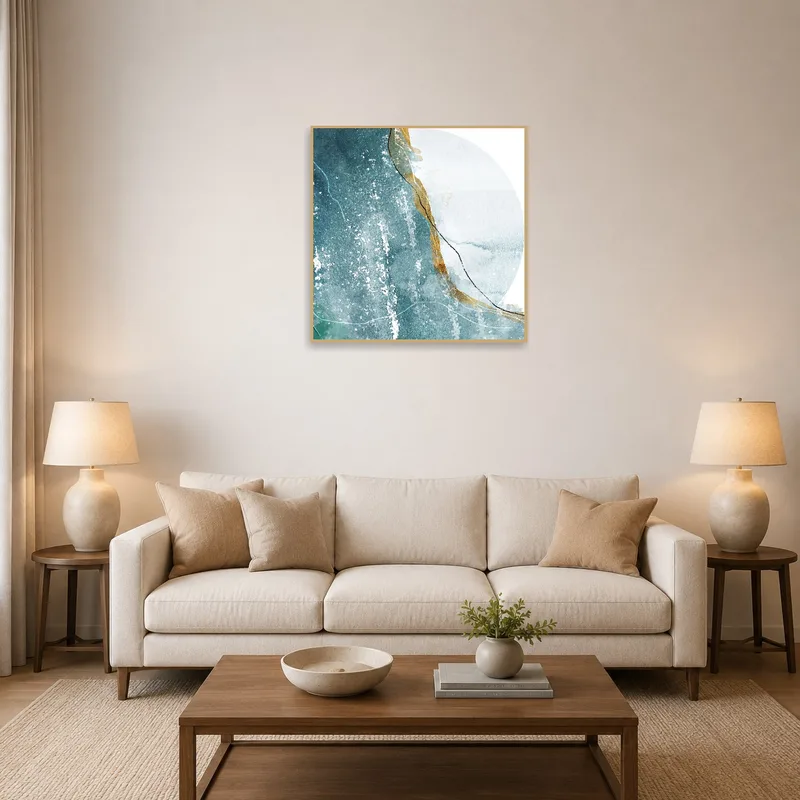 Blue and gold abstract waves hung above a modern living room sofa.