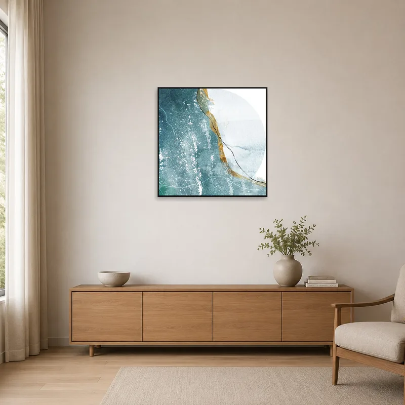Ethereal blue and gold abstract art in a minimalist-style room.
