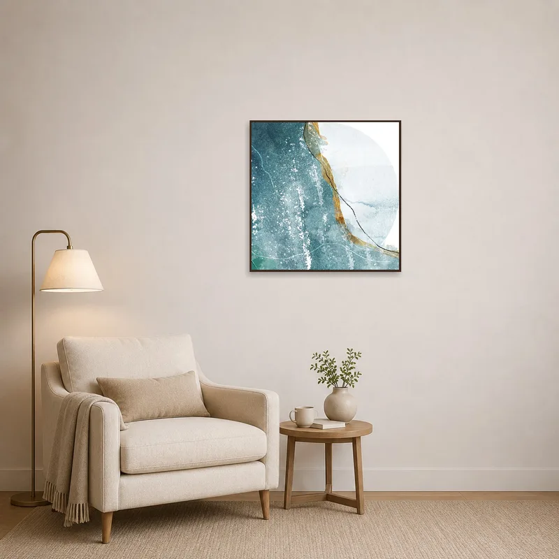 A serene reading corner enhanced by abstract waves in blue and gold.
