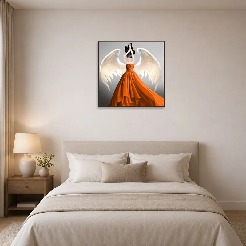 Bedroom décor centered around an ethereal angel illustration in orange.