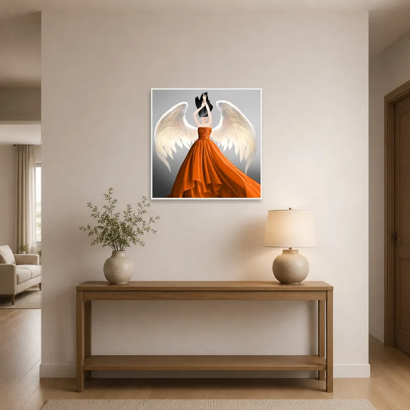 Entrance hall adorned with an ethereal angel illustration in an orange gown.