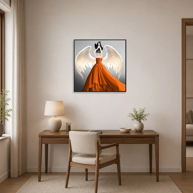 Home office with a serene ethereal angel in orange gown illustration.