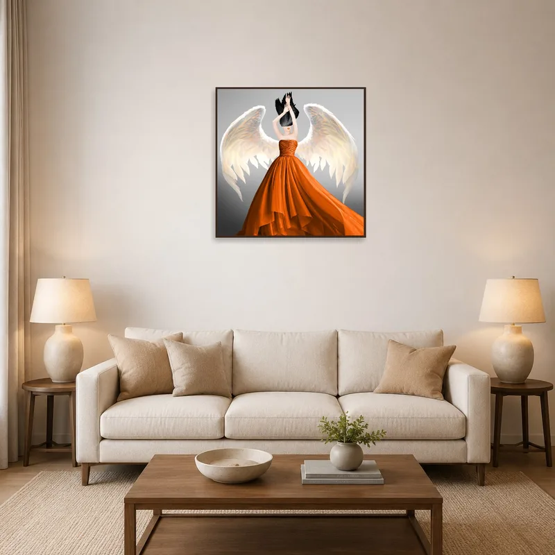Ethereal angel illustration with orange gown in a cozy living room setting.