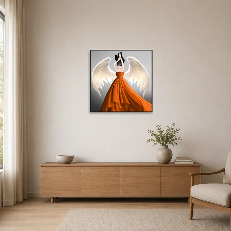Minimalist room showcasing ethereal angel with orange gown artwork.