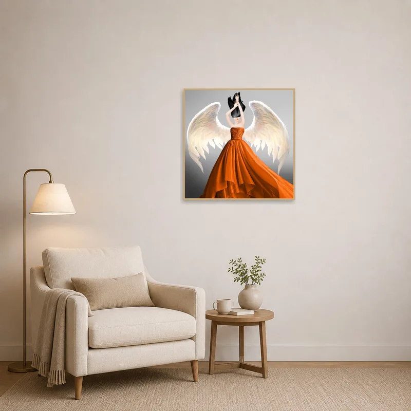 Relaxing reading corner featuring ethereal angel with orange gown art.