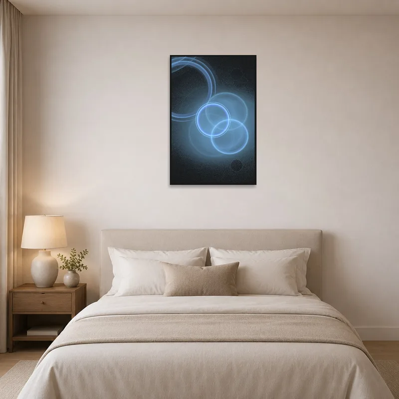 Elegant blue circles enhancing the serene ambiance of a bedroom.