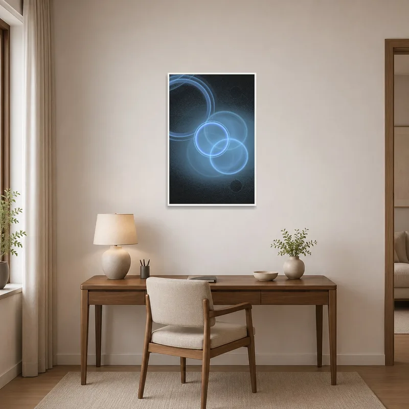 Thought-provoking blue art elevating a productive home office environment.