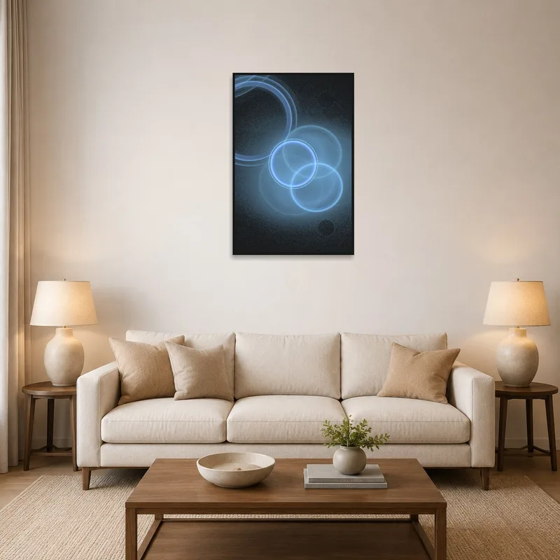 Blue circular art piece on a dark backdrop in a stylish living room setting.