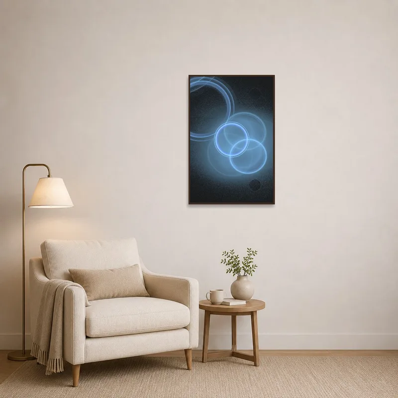 Soothing blue art adding a tranquil touch to a cozy reading corner.