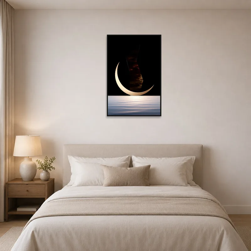 Bedroom showcasing ethereal moon and water reflection scene.