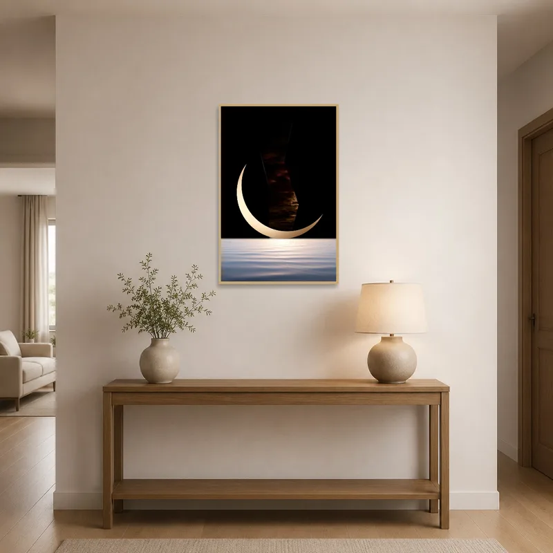 Entrance hall displaying ethereal moon and water reflection art.