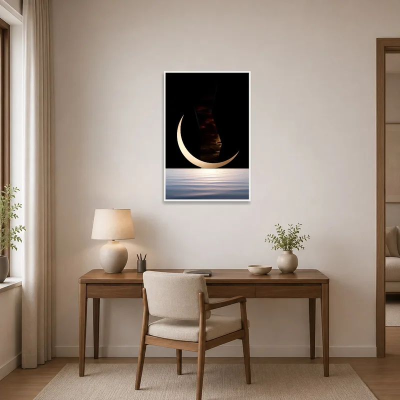 Home office adorned with crescent moon and water imagery.