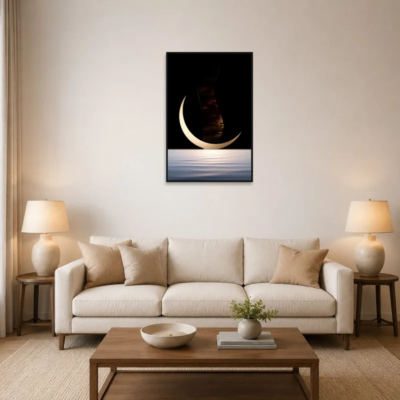 Art of a crescent moon over water reflection on living room wall.