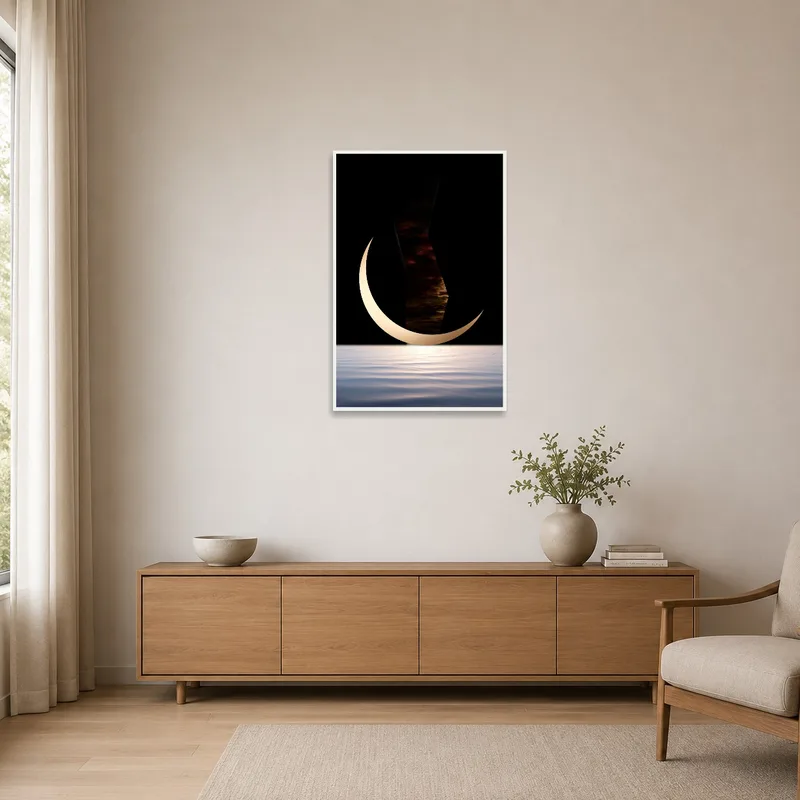Minimalist room featuring artwork of crescent moon and water.