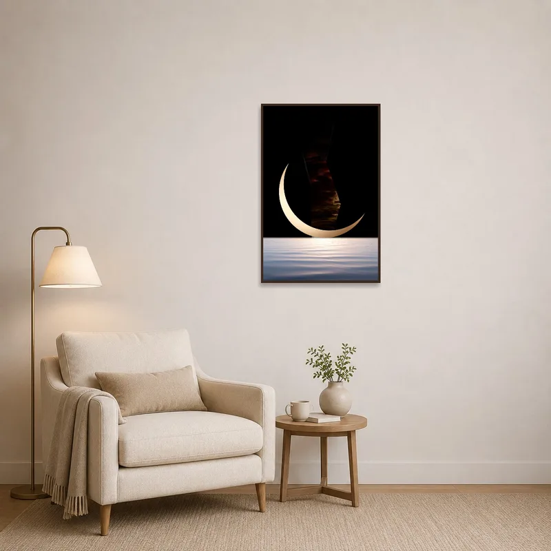Reading corner with tranquil crescent moon and water piece.
