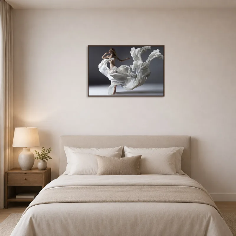 Ethereal Dance creating serenity above a bed with soft linens.