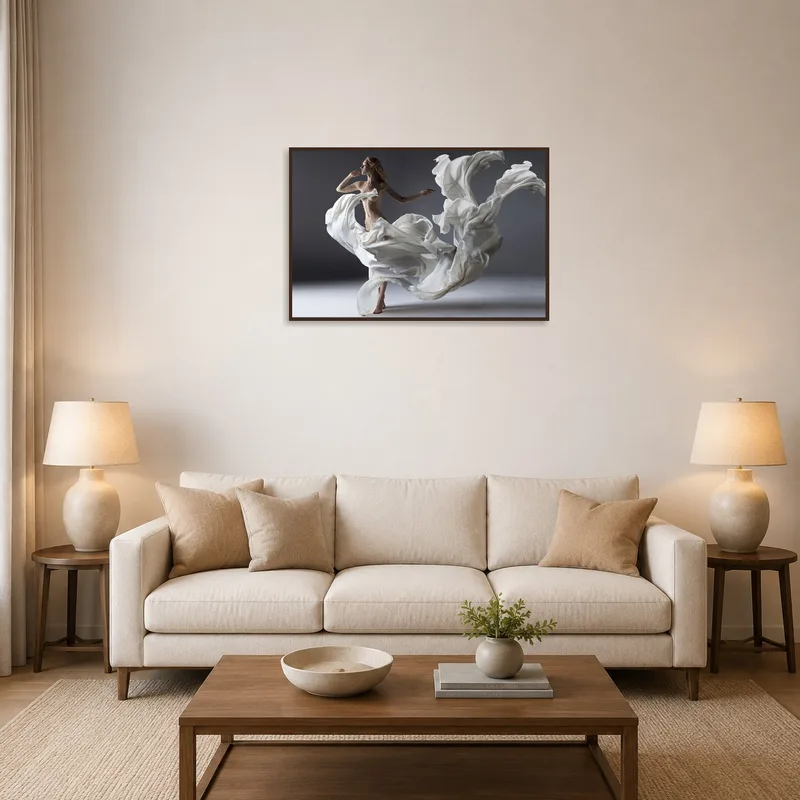 Ethereal Dance artwork above a modern sofa in a stylish living room.