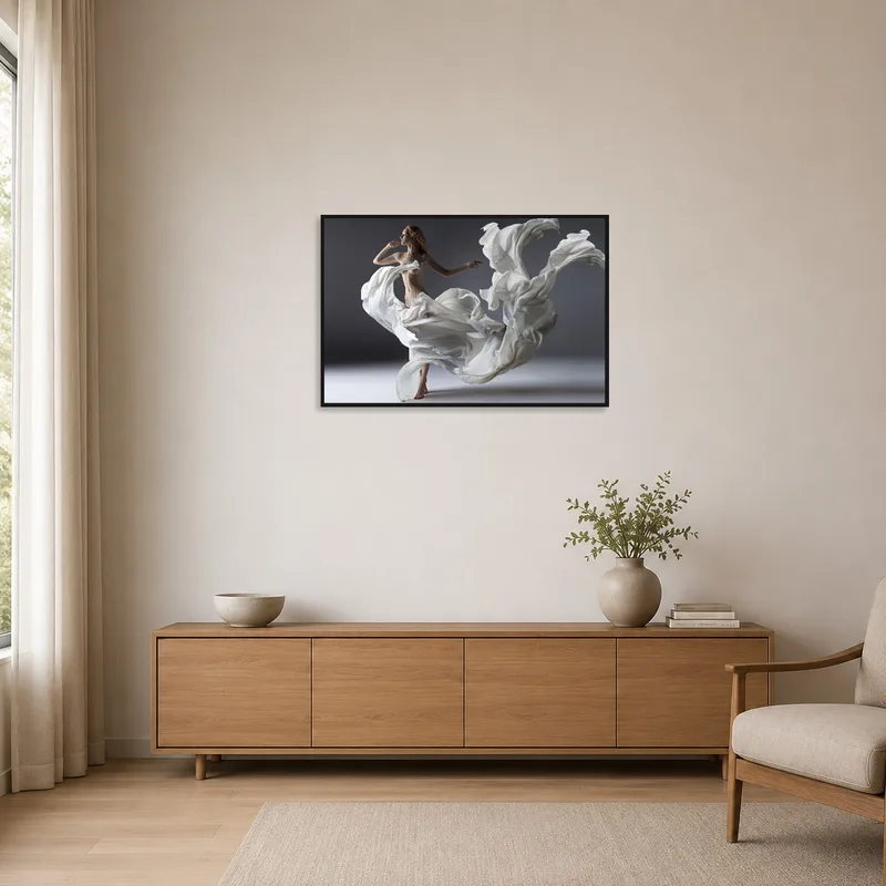 Ethereal Dance art piece on a plain white wall with minimal furnishings.