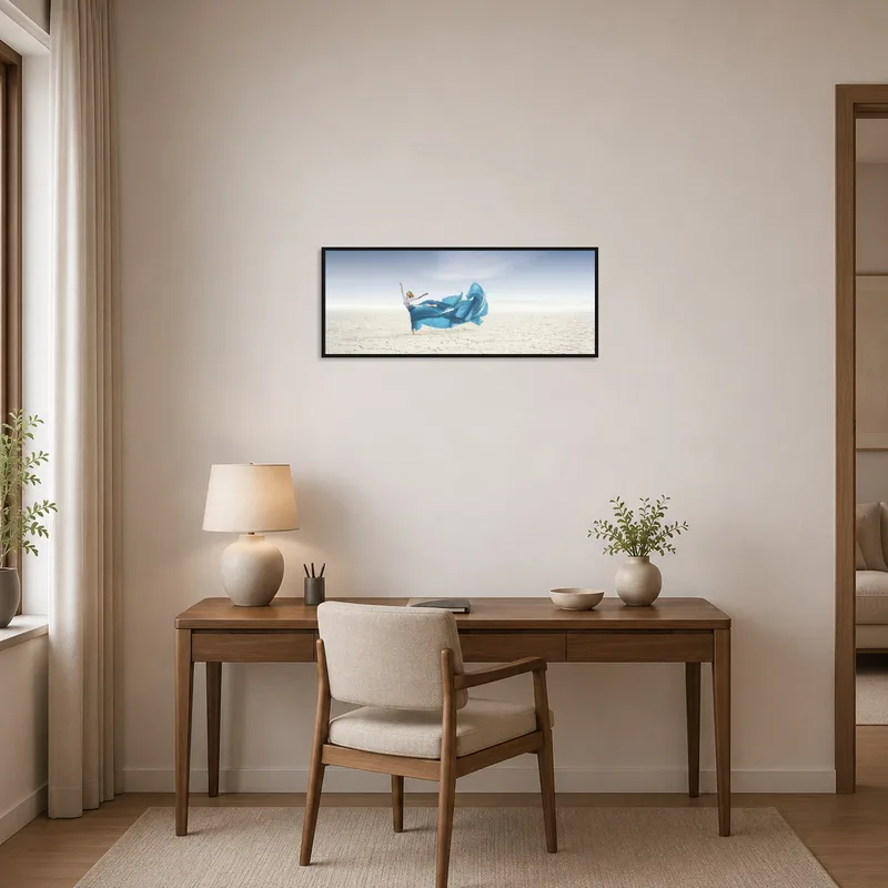Ethereal dancer artwork motivates creativity in a home office.