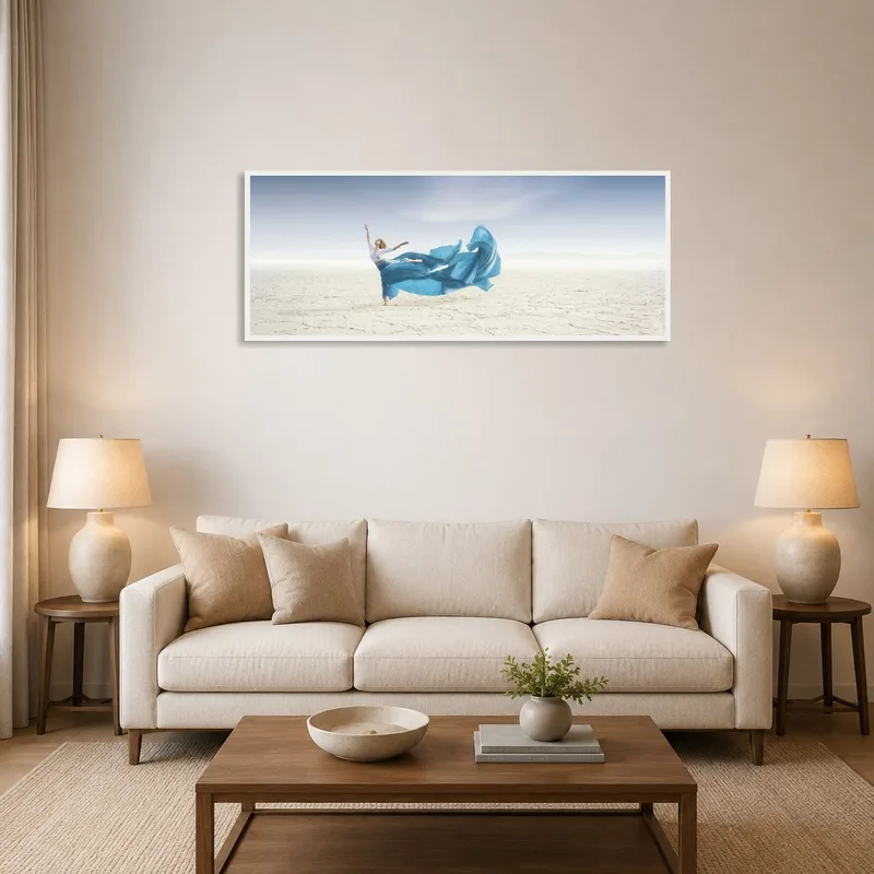 Ethereal dancer artwork hangs above a modern sofa in the living room.
