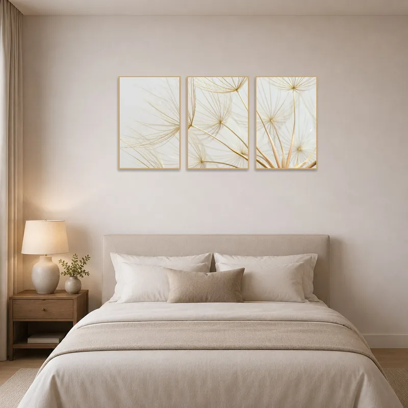 Dandelion art set creating calm vibes in a serene bedroom.